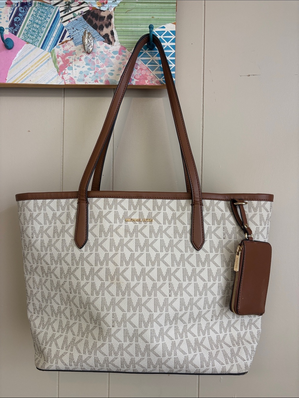 Michael Kors Beige Signature MK Tote with Brown Trim and Pouch